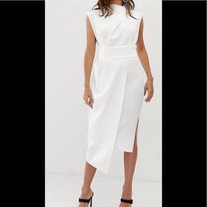 ASOS Design Premium high neck midi pencil dress with drape skirt.